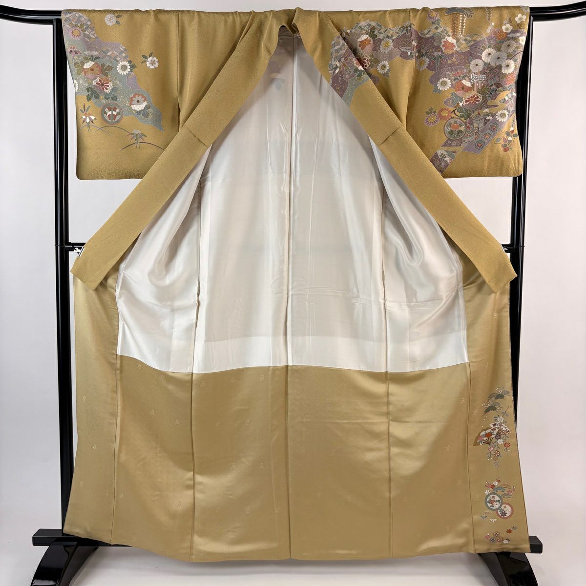 訪問服 身長163cm 袖長64.5cm M 雙層 御所車 松樹竹子梅花 金銀彩 淡黃土色 純蠶絲 名品級