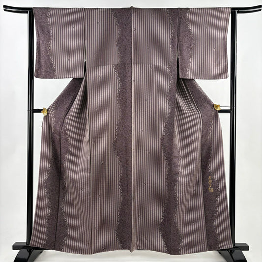 小紋 身長160cm 袖長62.5cm S 雙層 斉藤三才 落款あり 櫻花 縱條 茶紫 純蠶絲 名品級