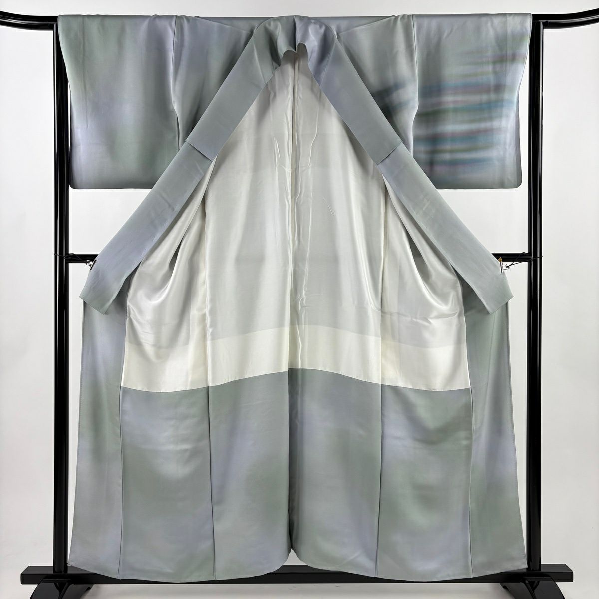 付下 身長156.5cm 袖長65cm M 雙層 斉藤三才 落款あり 霞 漸層 青灰色 純蠶絲 名品級