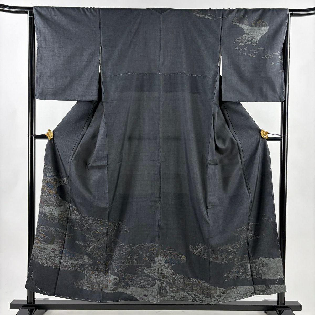 【美品】訪問服 身長156cm 袖長65cm M 雙層 紬織織 家屋 松樹竹子梅花 墨色 純蠶絲 名品級