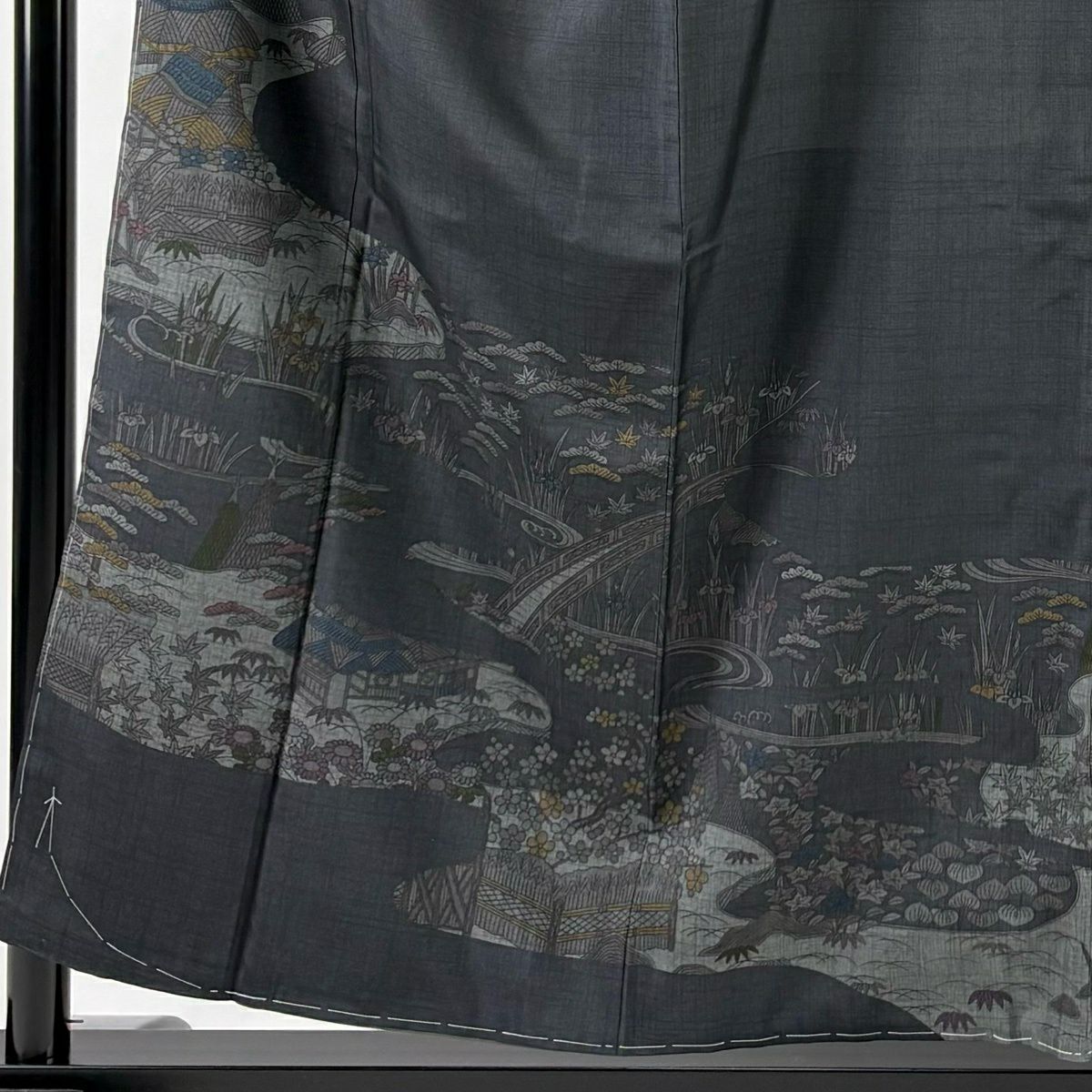 【美品】訪問服 身長156cm 袖長65cm M 雙層 紬織織 家屋 松樹竹子梅花 墨色 純蠶絲 名品級