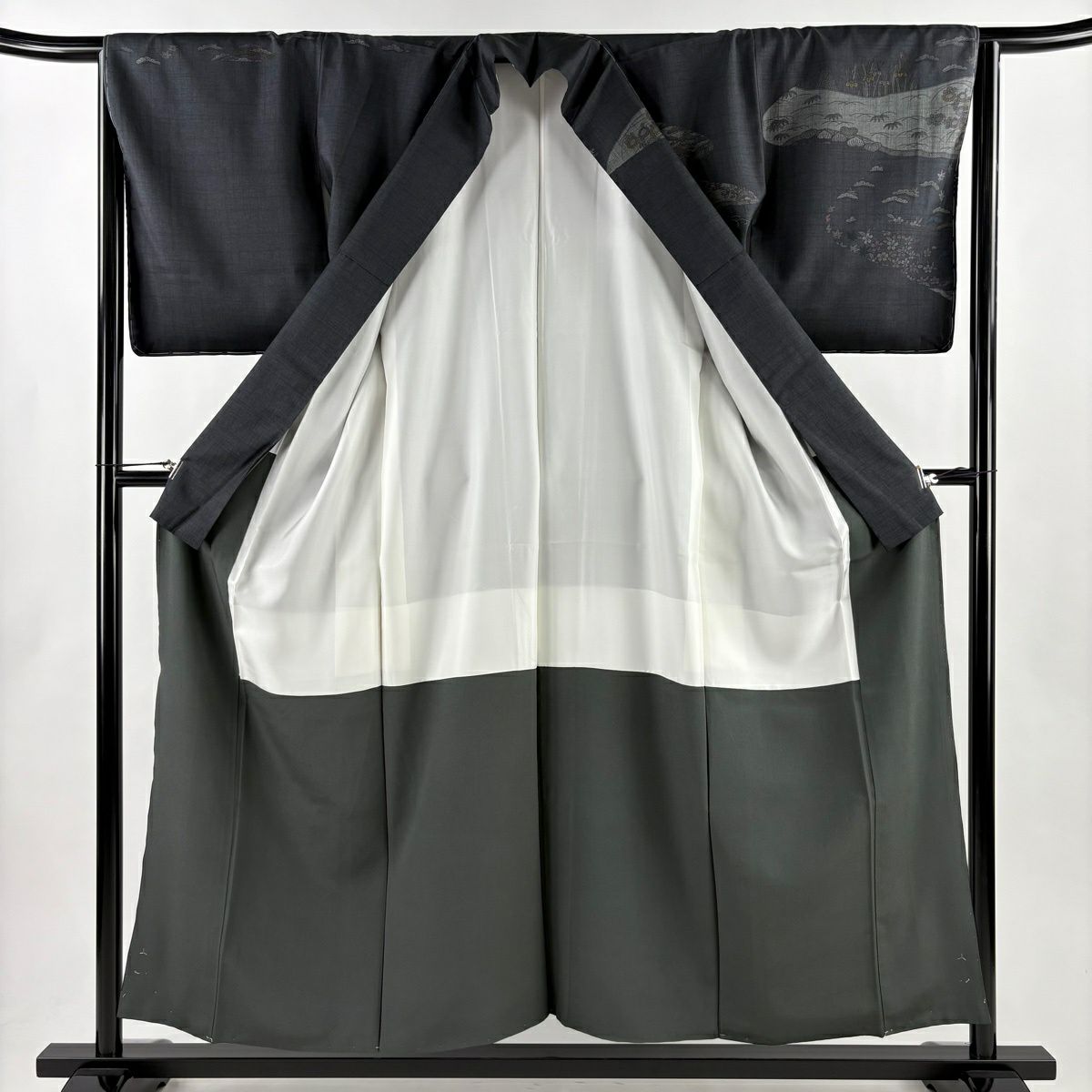 【美品】訪問服 身長156cm 袖長65cm M 雙層 紬織織 家屋 松樹竹子梅花 墨色 純蠶絲 名品級