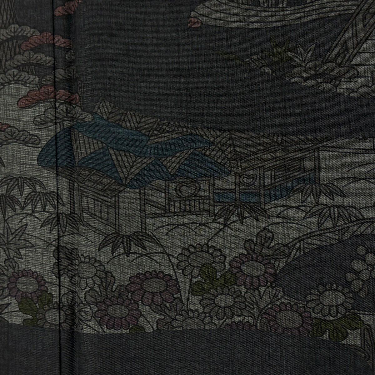 【美品】訪問服 身長156cm 袖長65cm M 雙層 紬織織 家屋 松樹竹子梅花 墨色 純蠶絲 名品級