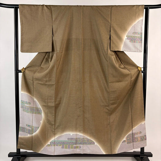 【美品】 付下 身長157.5cm 袖長63cm S 雙層 大島紬織地 證書あり 雪輪 ヱ霞 漸層 茶綠 純蠶絲 名品級
