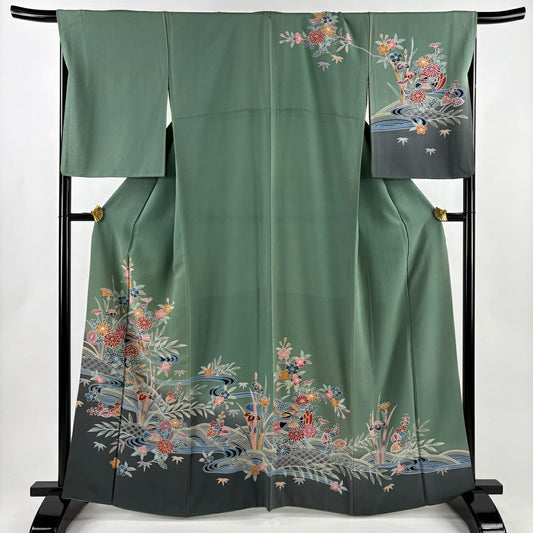 訪問服 身長163.5cm 袖長68.5cm L 雙層 鴛鴦 草花紋紋 染分 ぼかし 淡綠 純蠶絲 名品級