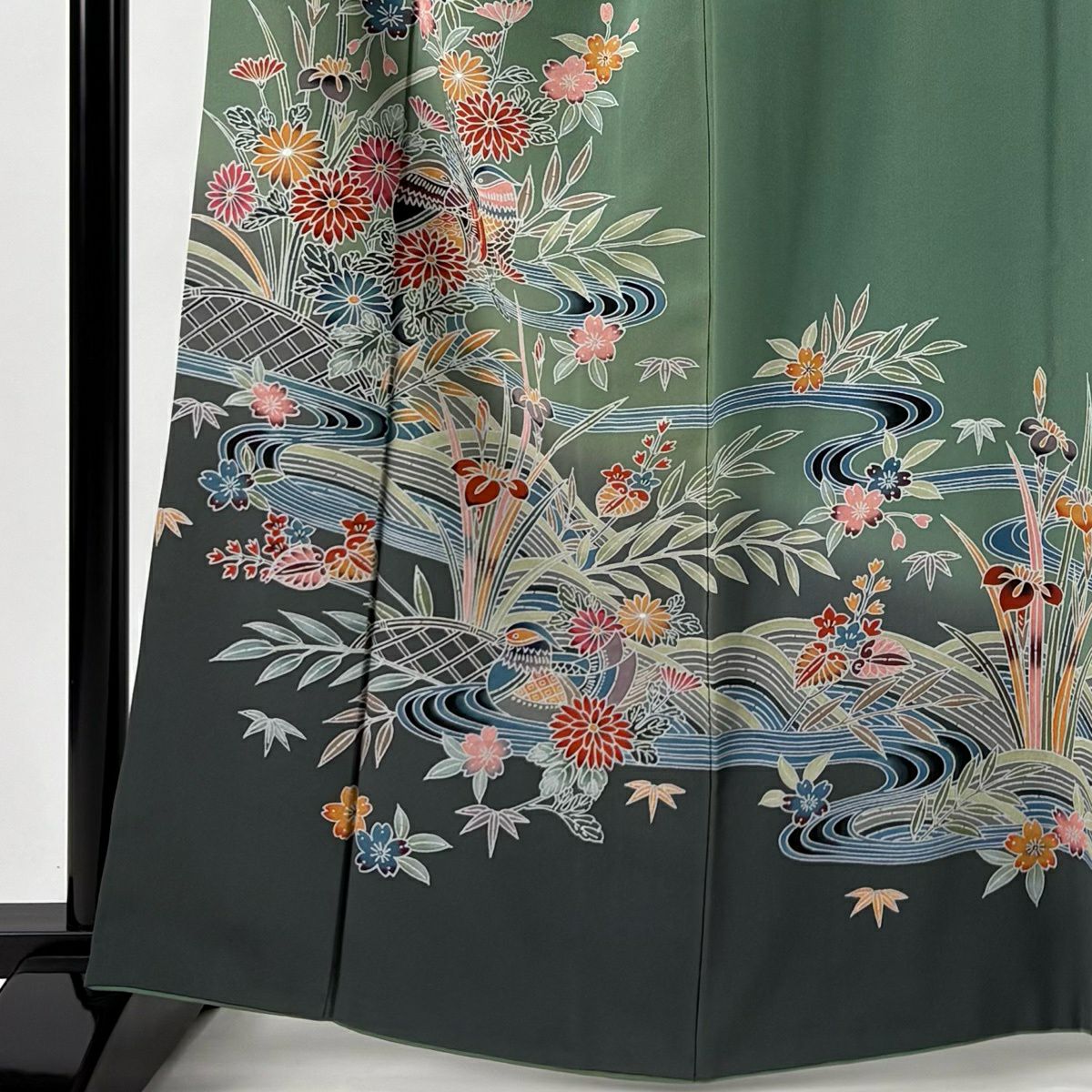 訪問服 身長163.5cm 袖長68.5cm L 雙層 鴛鴦 草花紋紋 染分 ぼかし 淡綠 純蠶絲 名品級