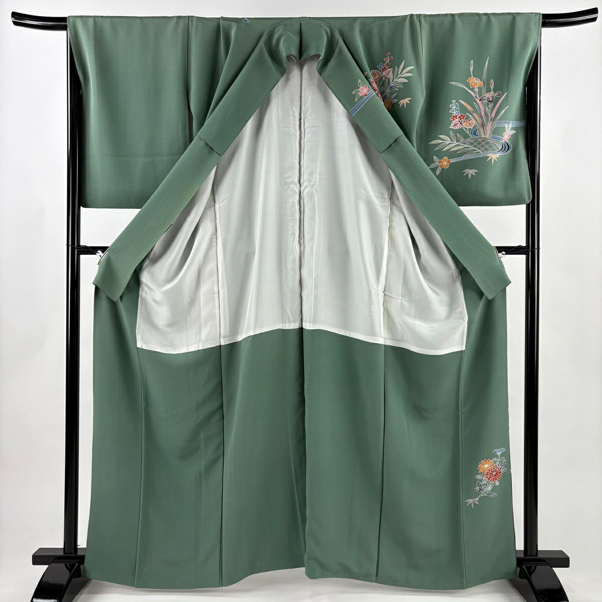 訪問服 身長163.5cm 袖長68.5cm L 雙層 鴛鴦 草花紋紋 染分 ぼかし 淡綠 純蠶絲 名品級