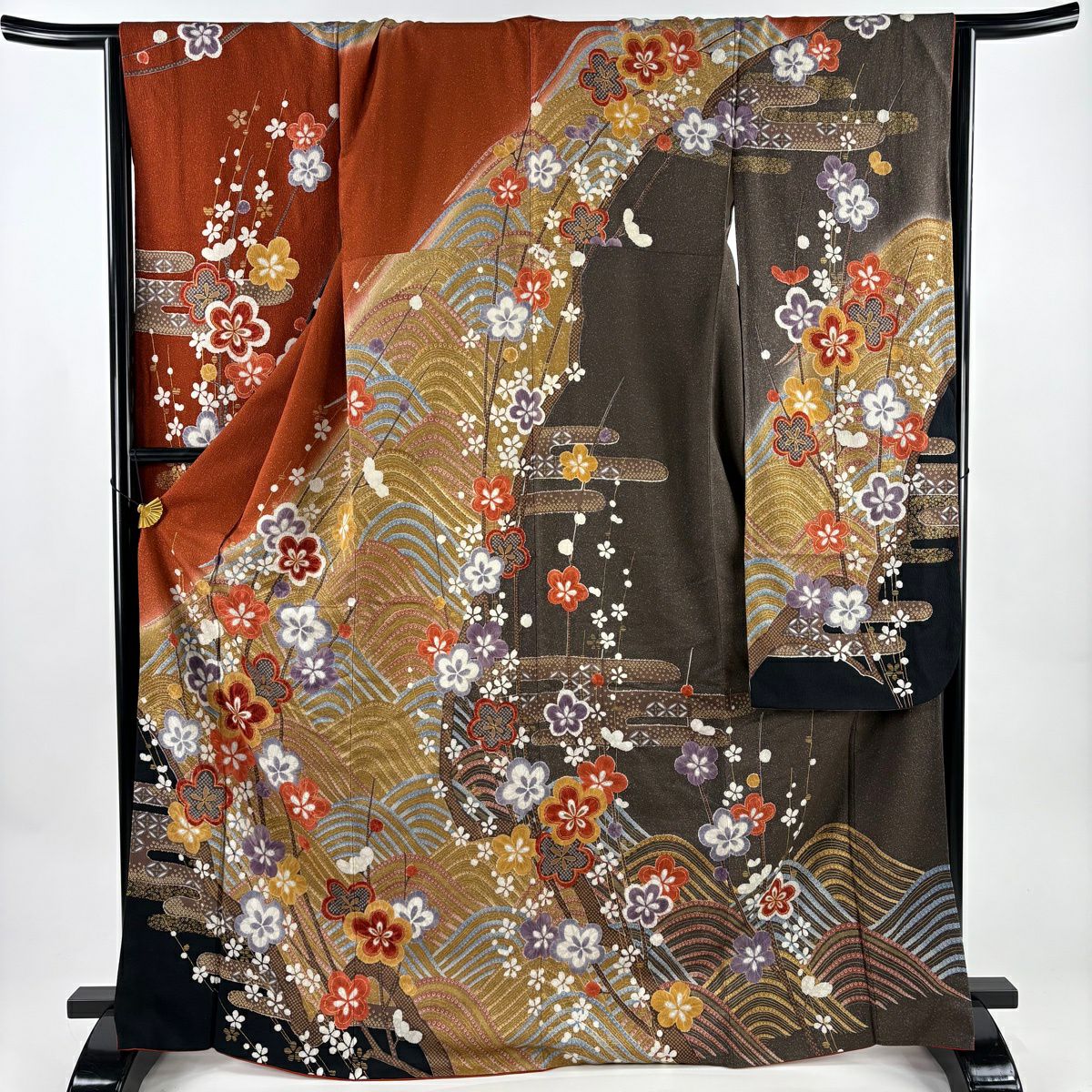 【美品】振袖禮服 身長169.5cm 袖長66cm M 雙層 枝梅花 波 金銀彩 染分 茶 純蠶絲 秀品級