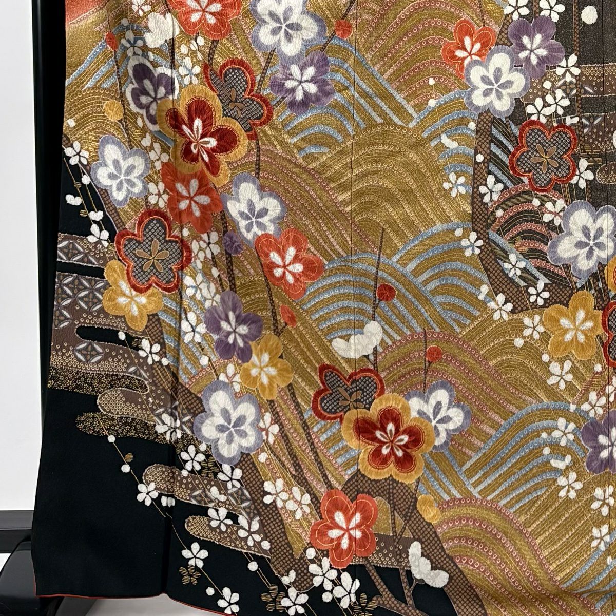 【美品】振袖禮服 身長169.5cm 袖長66cm M 雙層 枝梅花 波 金銀彩 染分 茶 純蠶絲 秀品級