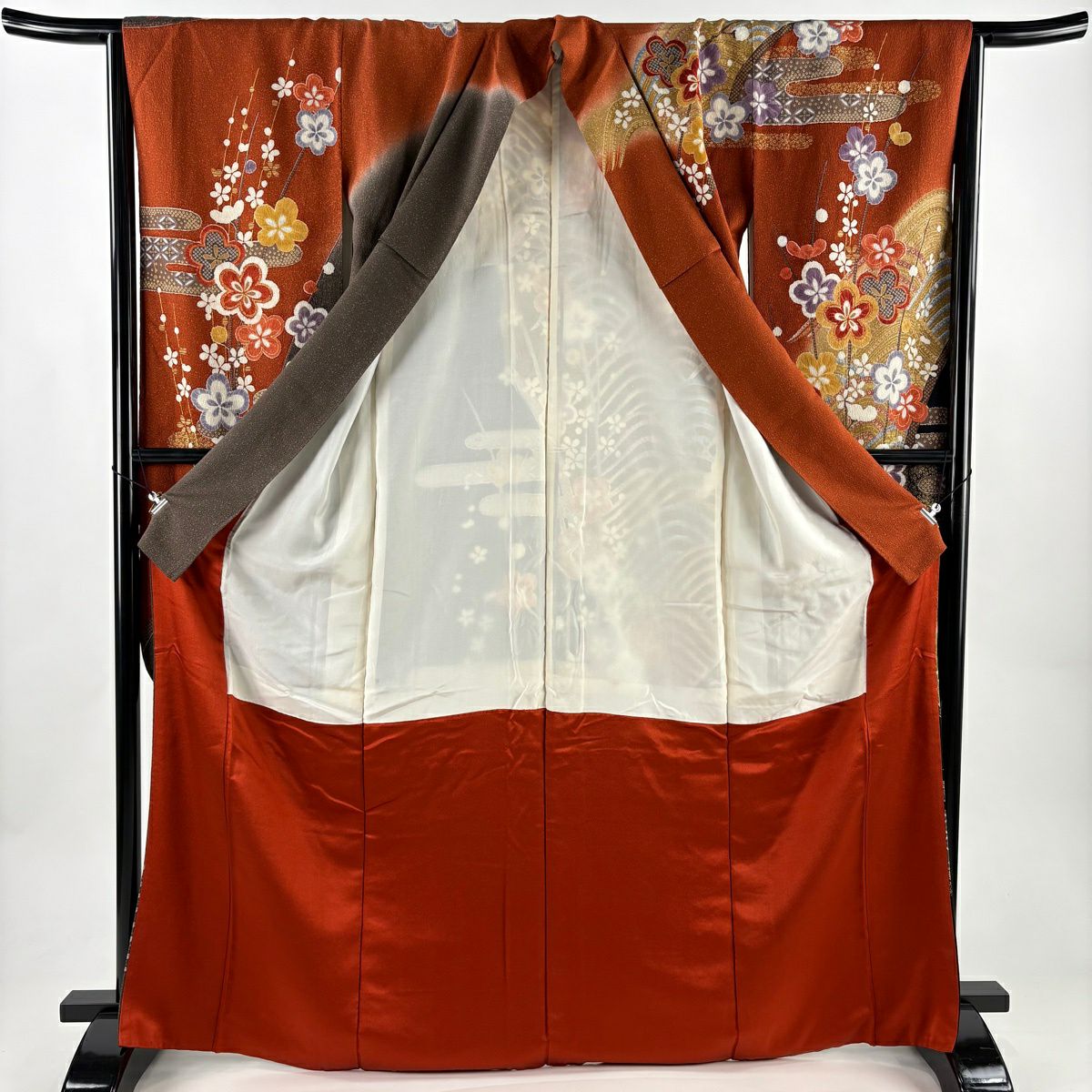 【美品】振袖禮服 身長169.5cm 袖長66cm M 雙層 枝梅花 波 金銀彩 染分 茶 純蠶絲 秀品級