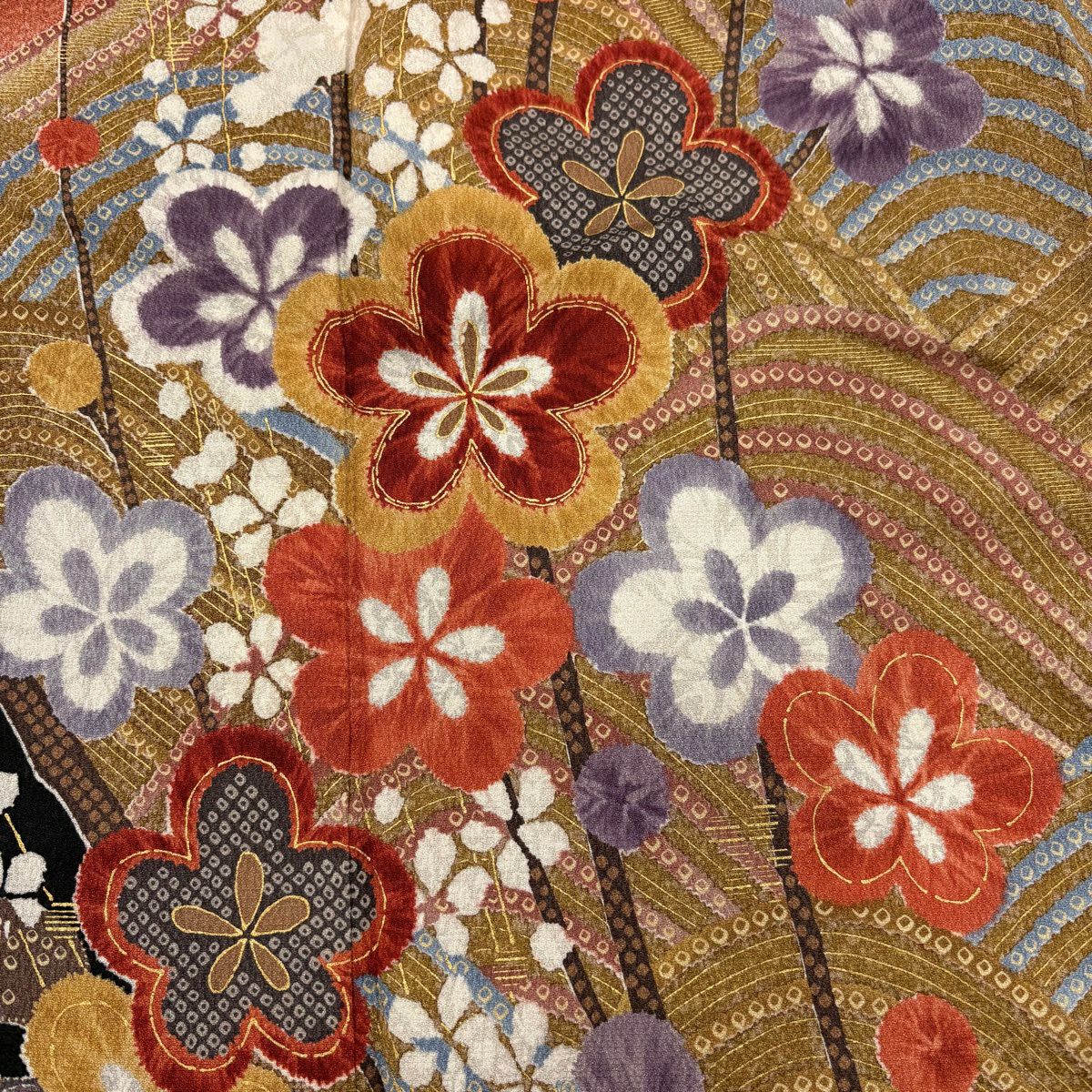 【美品】振袖禮服 身長169.5cm 袖長66cm M 雙層 枝梅花 波 金銀彩 染分 茶 純蠶絲 秀品級