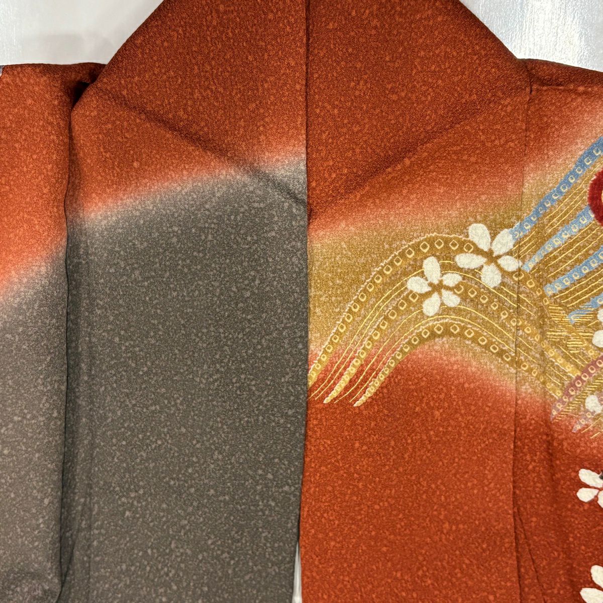【美品】振袖禮服 身長169.5cm 袖長66cm M 雙層 枝梅花 波 金銀彩 染分 茶 純蠶絲 秀品級