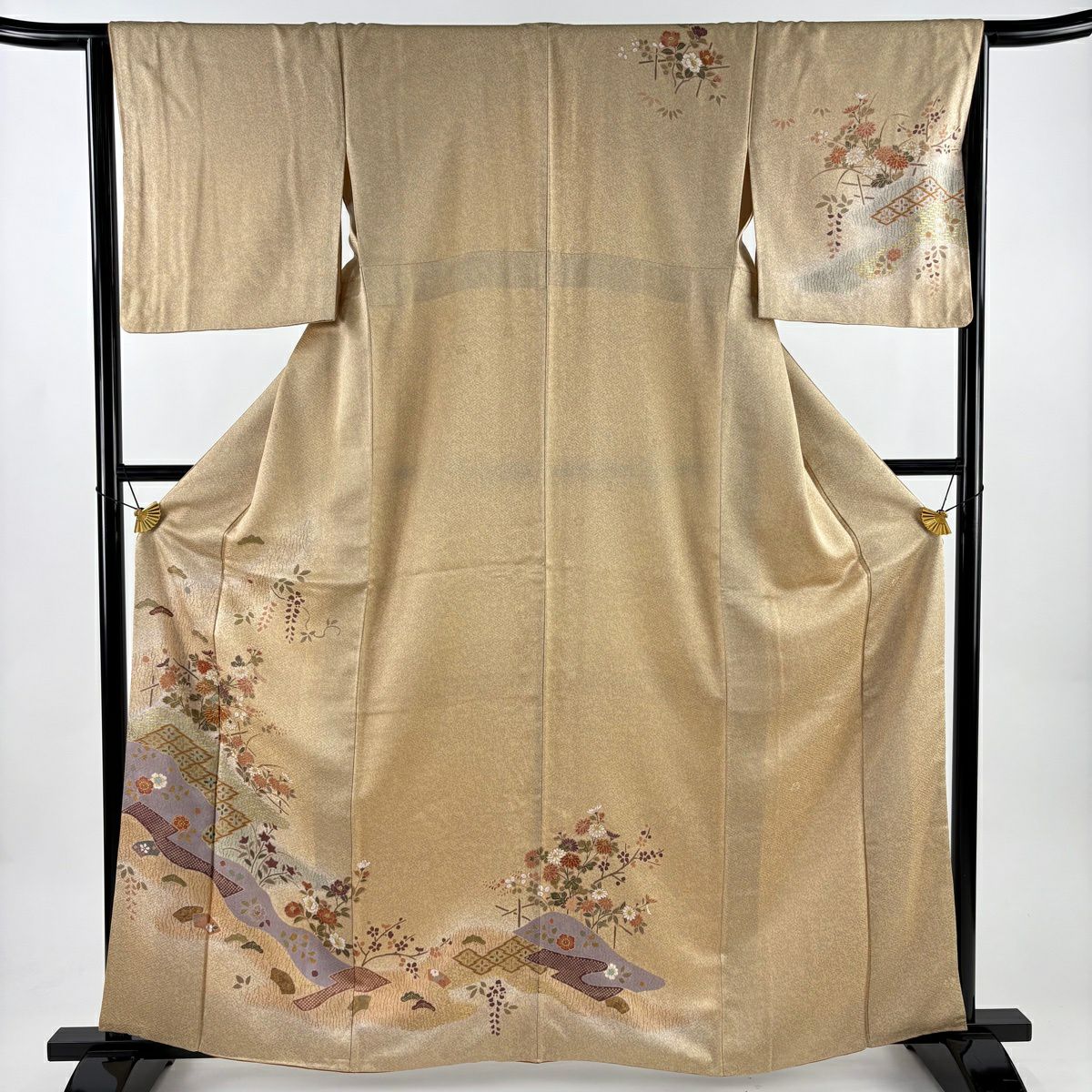 【美品】訪問服 身長163cm 袖長65cm M 雙層 菊花 松樹皮菱 金銀彩 金絲 米色 純蠶絲 優品級