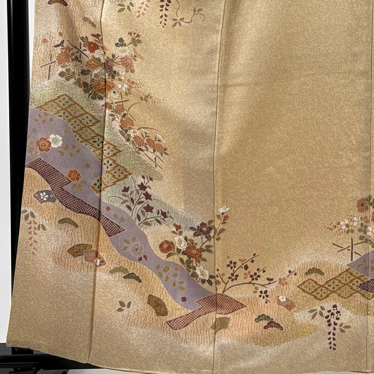 【美品】訪問服 身長163cm 袖長65cm M 雙層 菊花 松樹皮菱 金銀彩 金絲 米色 純蠶絲 優品級