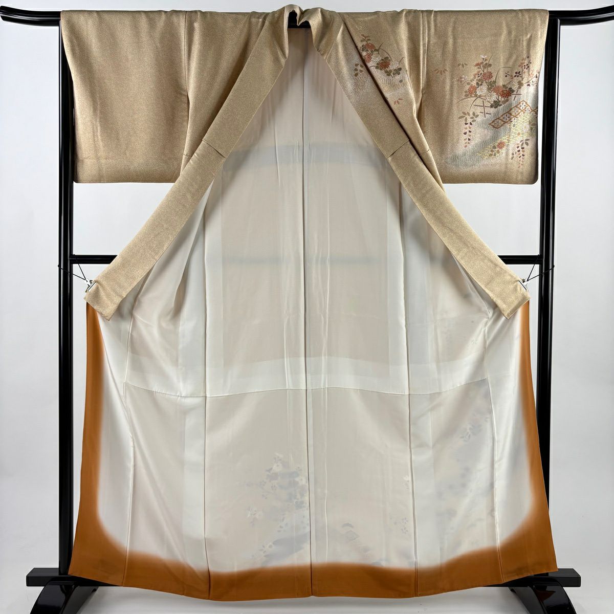 【美品】訪問服 身長163cm 袖長65cm M 雙層 菊花 松樹皮菱 金銀彩 金絲 米色 純蠶絲 優品級