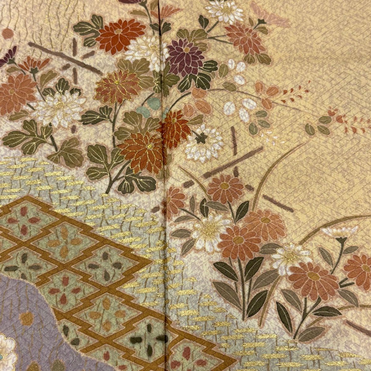 【美品】訪問服 身長163cm 袖長65cm M 雙層 菊花 松樹皮菱 金銀彩 金絲 米色 純蠶絲 優品級