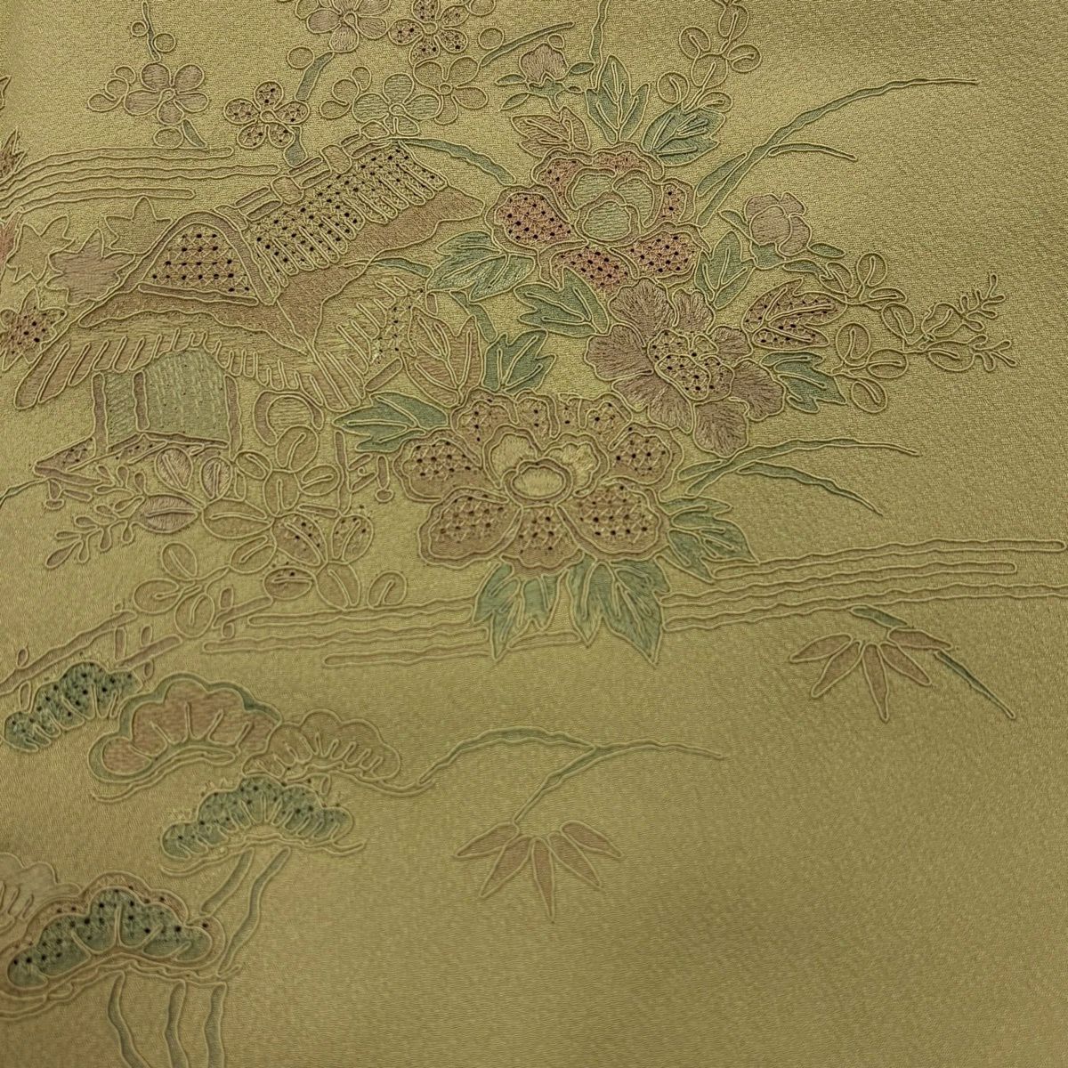 付下 身長154cm 袖長63.5cm S 雙層 家屋 松樹竹子梅花 刺繡 裾暈染 米色 純蠶絲 優品級 一個紋