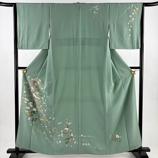 訪問服 身長161cm 袖長64.5cm M 雙層 落款あり 枝花 若松樹 薄綠 純蠶絲 秀品級 一つ紋