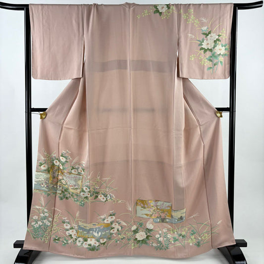 【美品】訪問服 身長164cm 袖長66.5cm M 雙層 菊花花 鴛鴦 金絲 金銀彩 淺粉色 純蠶絲 秀品級