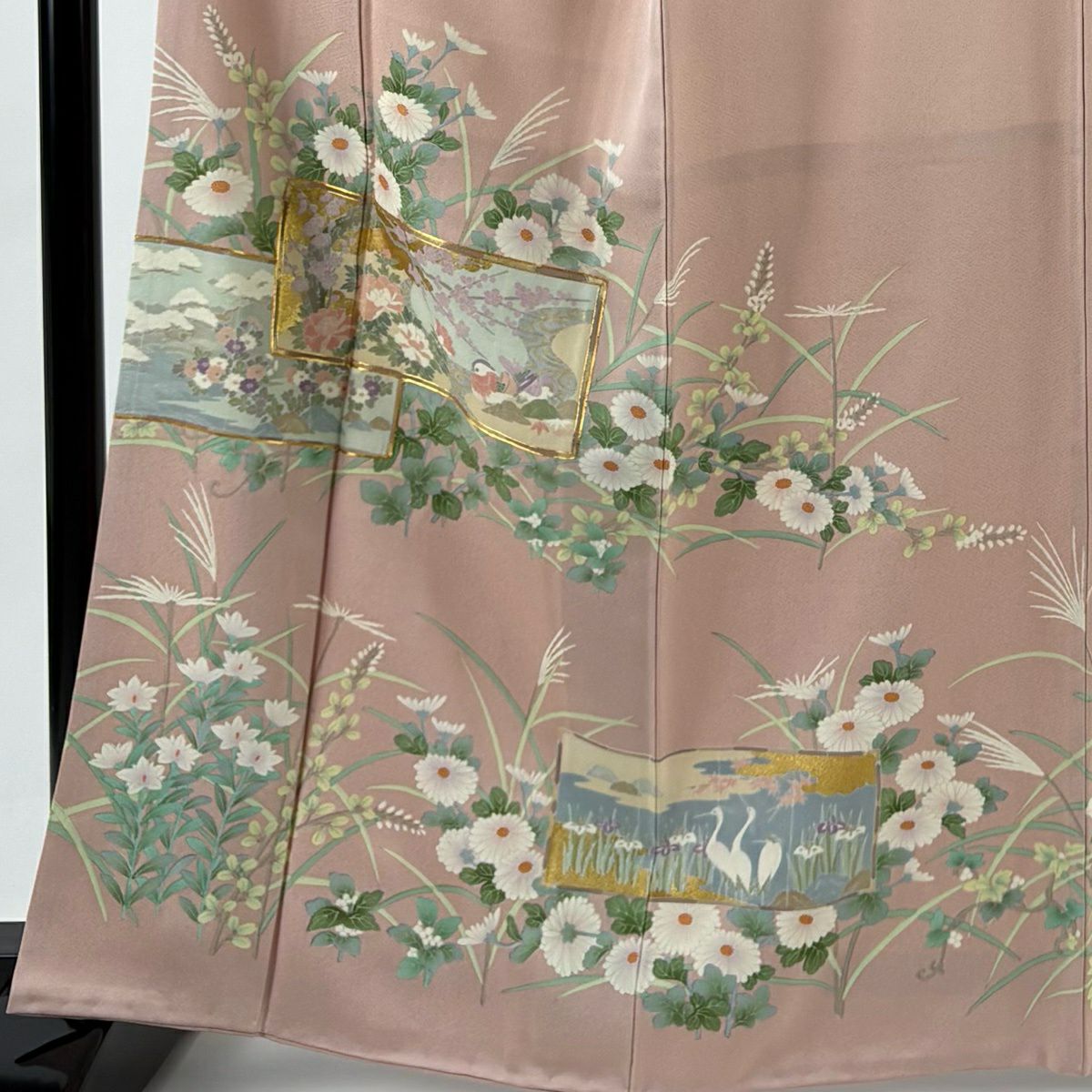 【美品】訪問服 身長164cm 袖長66.5cm M 雙層 菊花花 鴛鴦 金絲 金銀彩 淺粉色 純蠶絲 秀品級