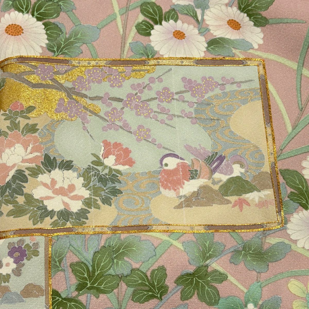 【美品】訪問服 身長164cm 袖長66.5cm M 雙層 菊花花 鴛鴦 金絲 金銀彩 淺粉色 純蠶絲 秀品級