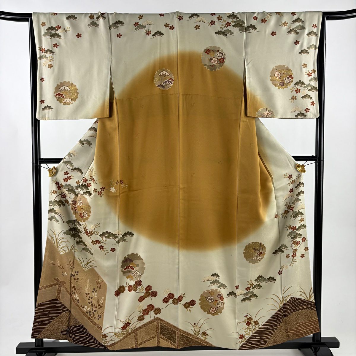 訪問服 身長158cm 袖長66cm M 雙層 雪輪 梅花 金絲 金銀彩 灰綠 純蠶絲 秀品級