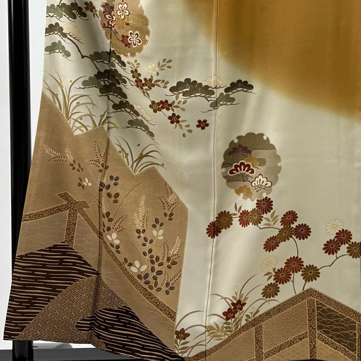 訪問服 身長158cm 袖長66cm M 雙層 雪輪 梅花 金絲 金銀彩 灰綠 純蠶絲 秀品級