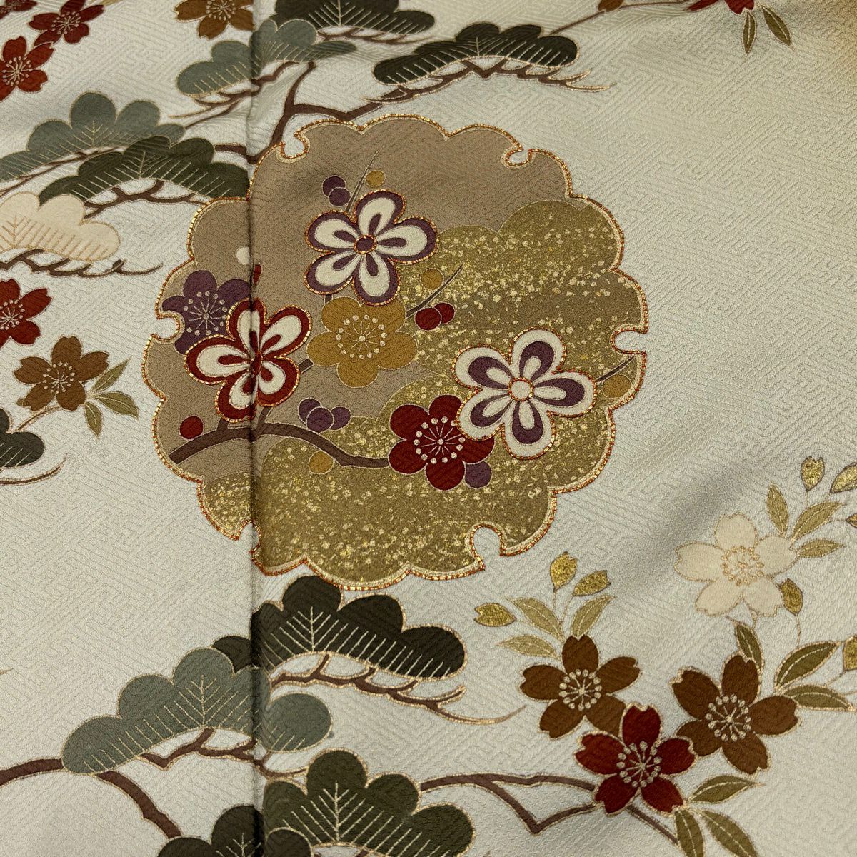 訪問服 身長158cm 袖長66cm M 雙層 雪輪 梅花 金絲 金銀彩 灰綠 純蠶絲 秀品級