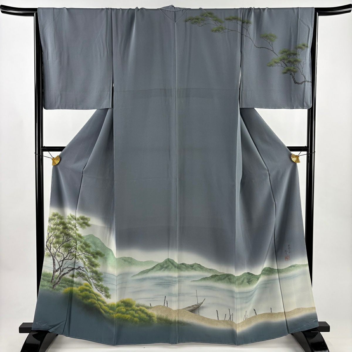 訪問服 身長165cm 袖長67.5cm L 雙層 落款あり 山並 樹木 漸層 青灰 純蠶絲 優品級