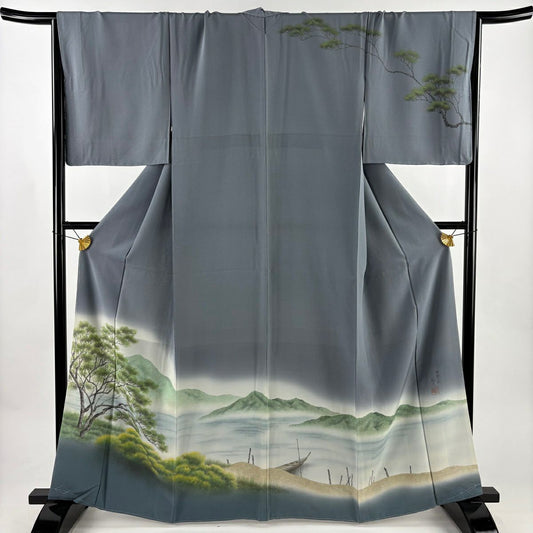 訪問服 身長165cm 袖長67.5cm L 雙層 落款あり 山並 樹木 漸層 青灰 純蠶絲 優品級