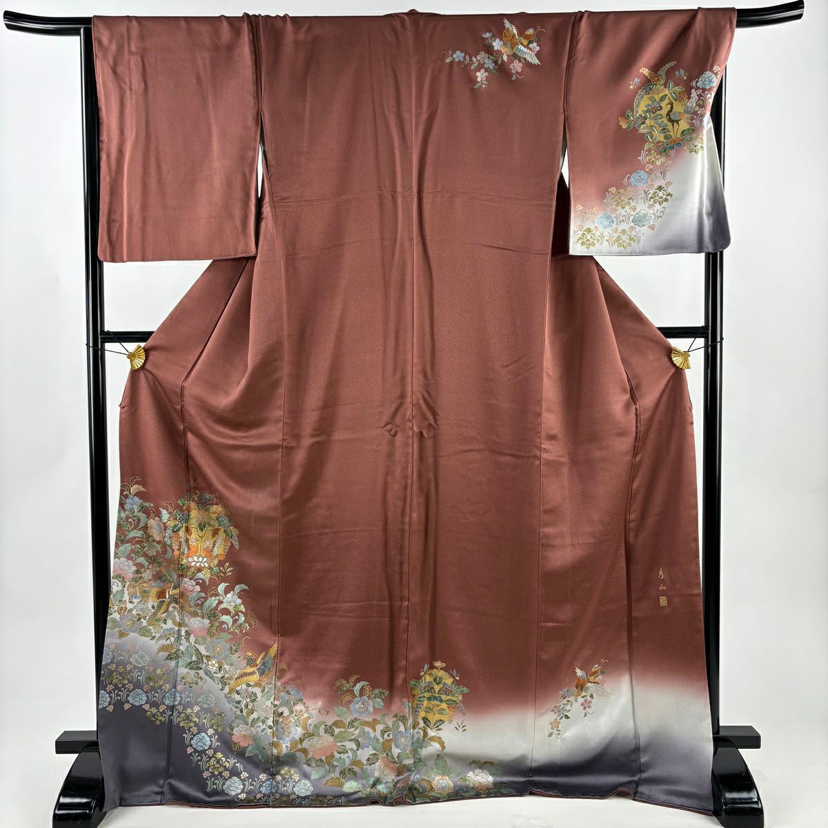 訪問服 身長173.5cm 袖長68cm L 雙層 落款 草花紋紋 向鳥 金銀彩 漸層 紅茶 純蠶絲 優品級