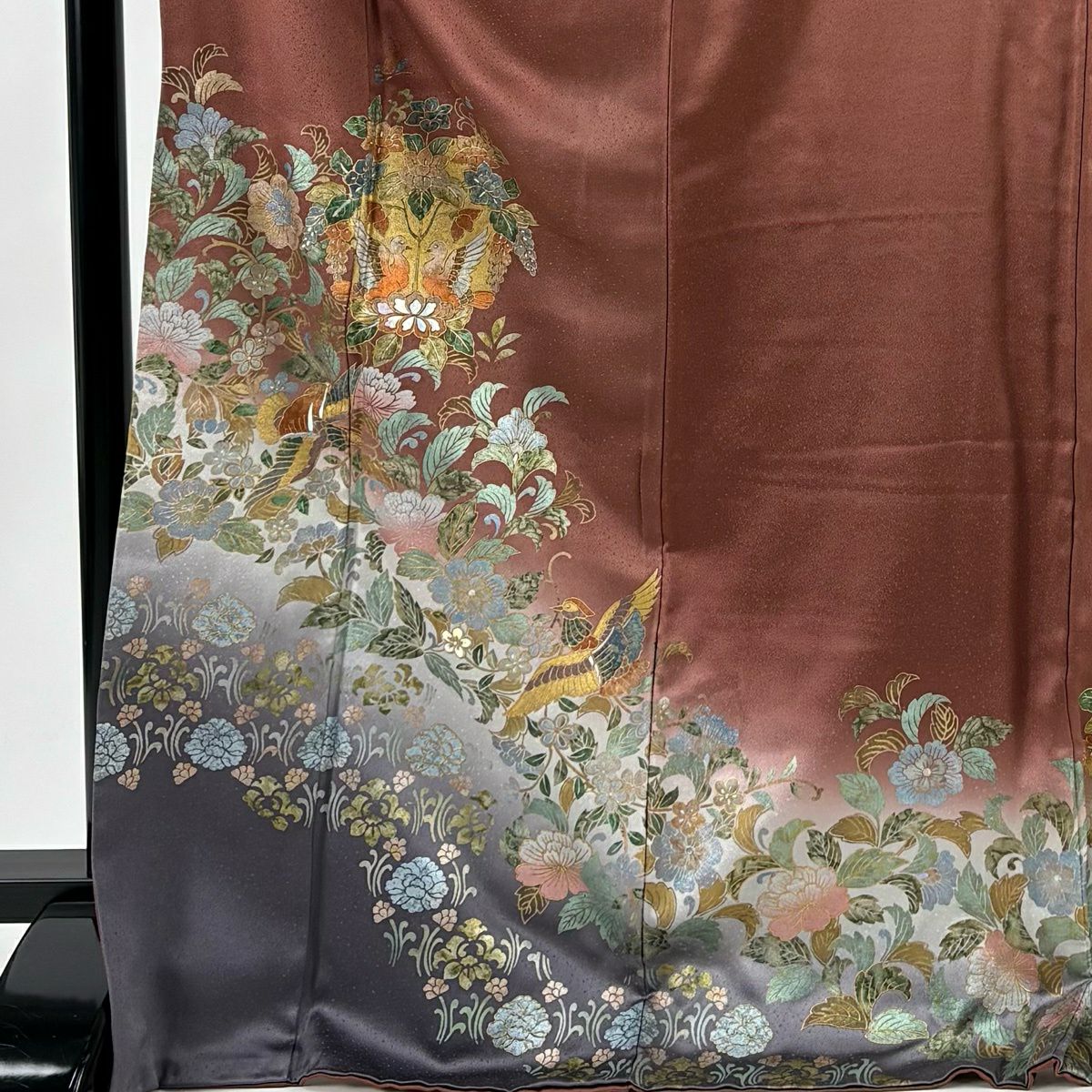 訪問服 身長173.5cm 袖長68cm L 雙層 落款 草花紋紋 向鳥 金銀彩 漸層 紅茶 純蠶絲 優品級