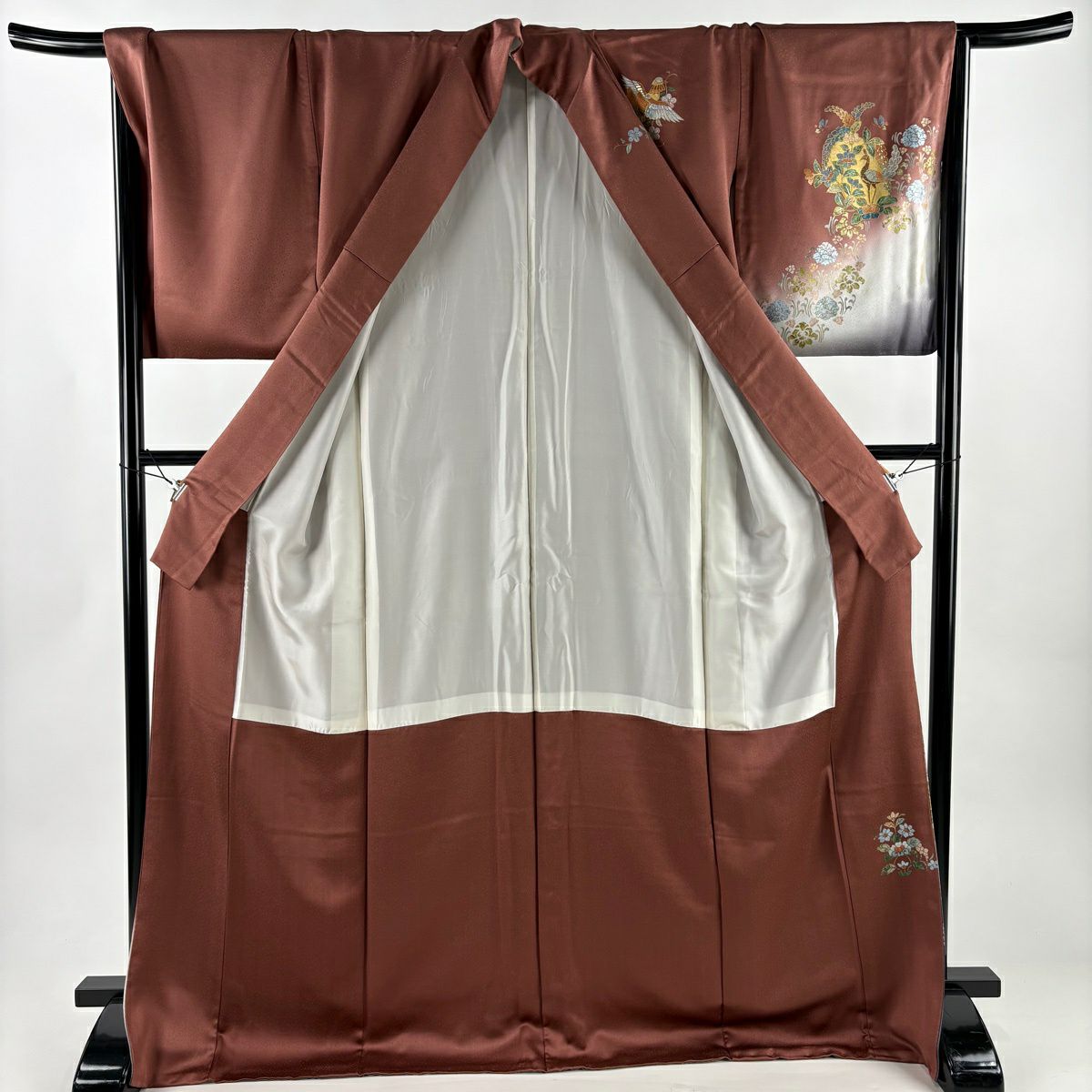訪問服 身長173.5cm 袖長68cm L 雙層 落款 草花紋紋 向鳥 金銀彩 漸層 紅茶 純蠶絲 優品級