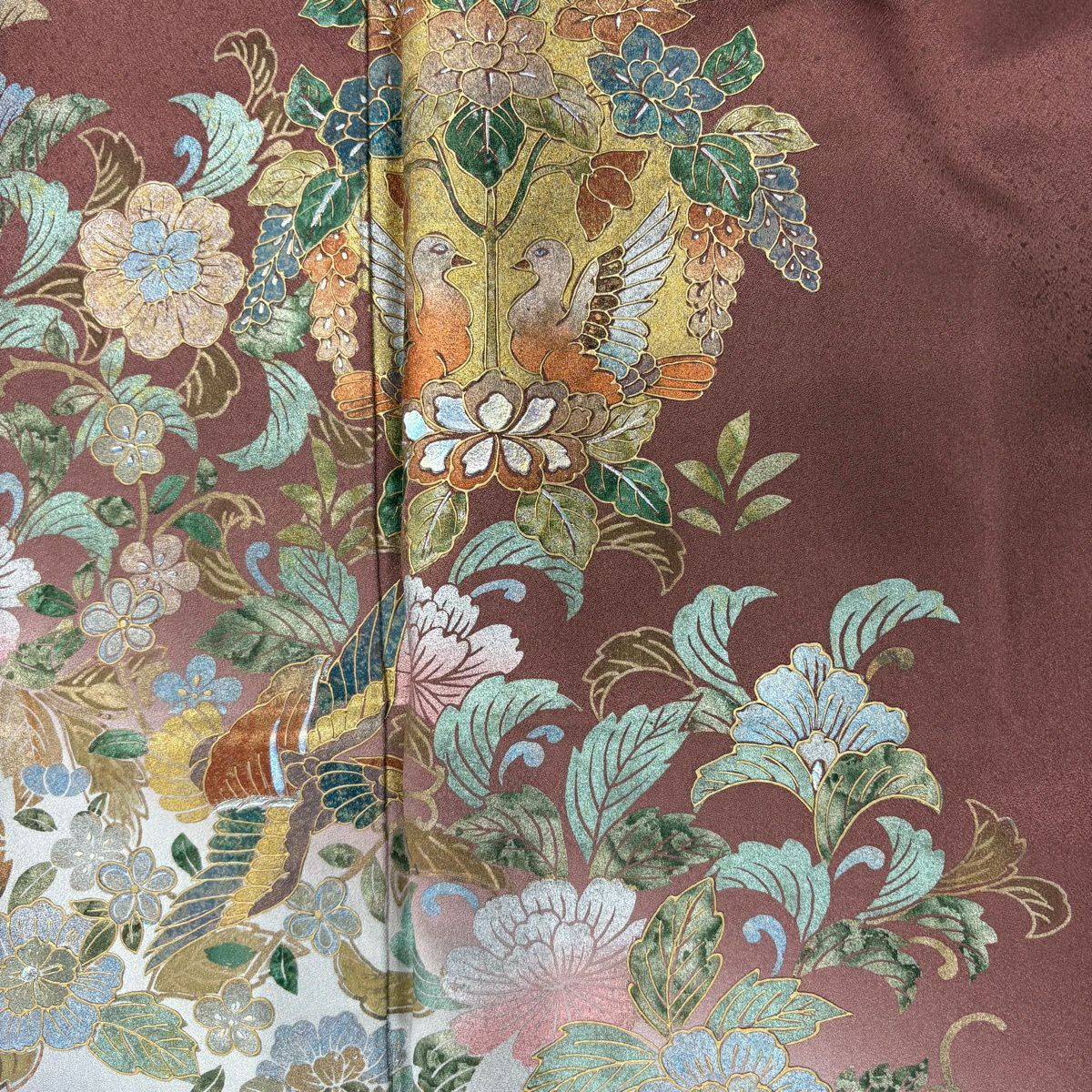 訪問服 身長173.5cm 袖長68cm L 雙層 落款 草花紋紋 向鳥 金銀彩 漸層 紅茶 純蠶絲 優品級