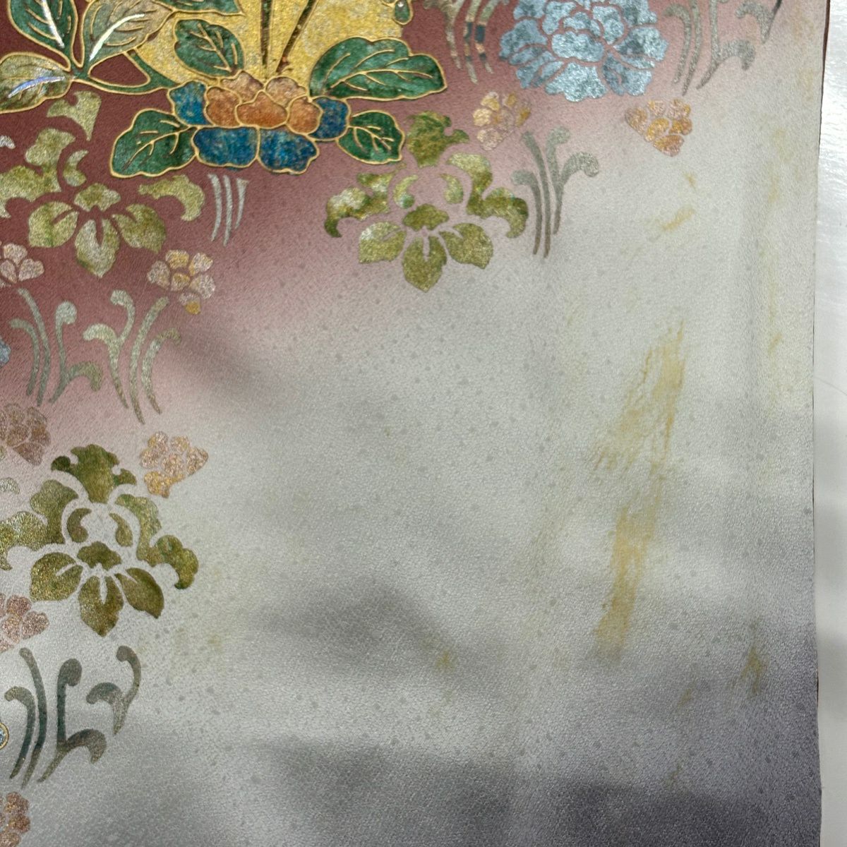訪問服 身長173.5cm 袖長68cm L 雙層 落款 草花紋紋 向鳥 金銀彩 漸層 紅茶 純蠶絲 優品級