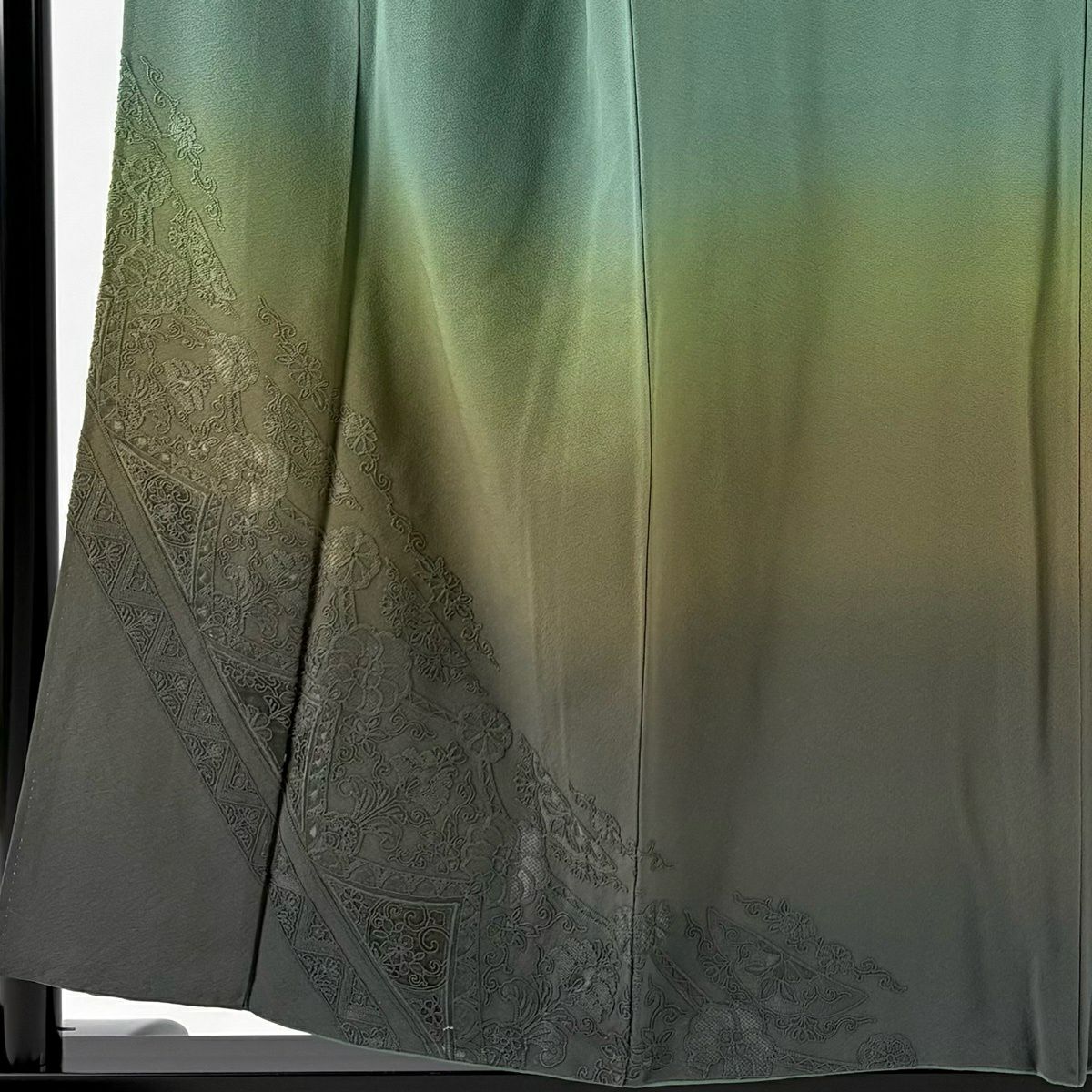付下 身長155cm 袖長63.5cm S 雙層 草花紋紋 幾何圖案 刺繡 漸層 淺綠 純蠶絲 優品級 一個紋