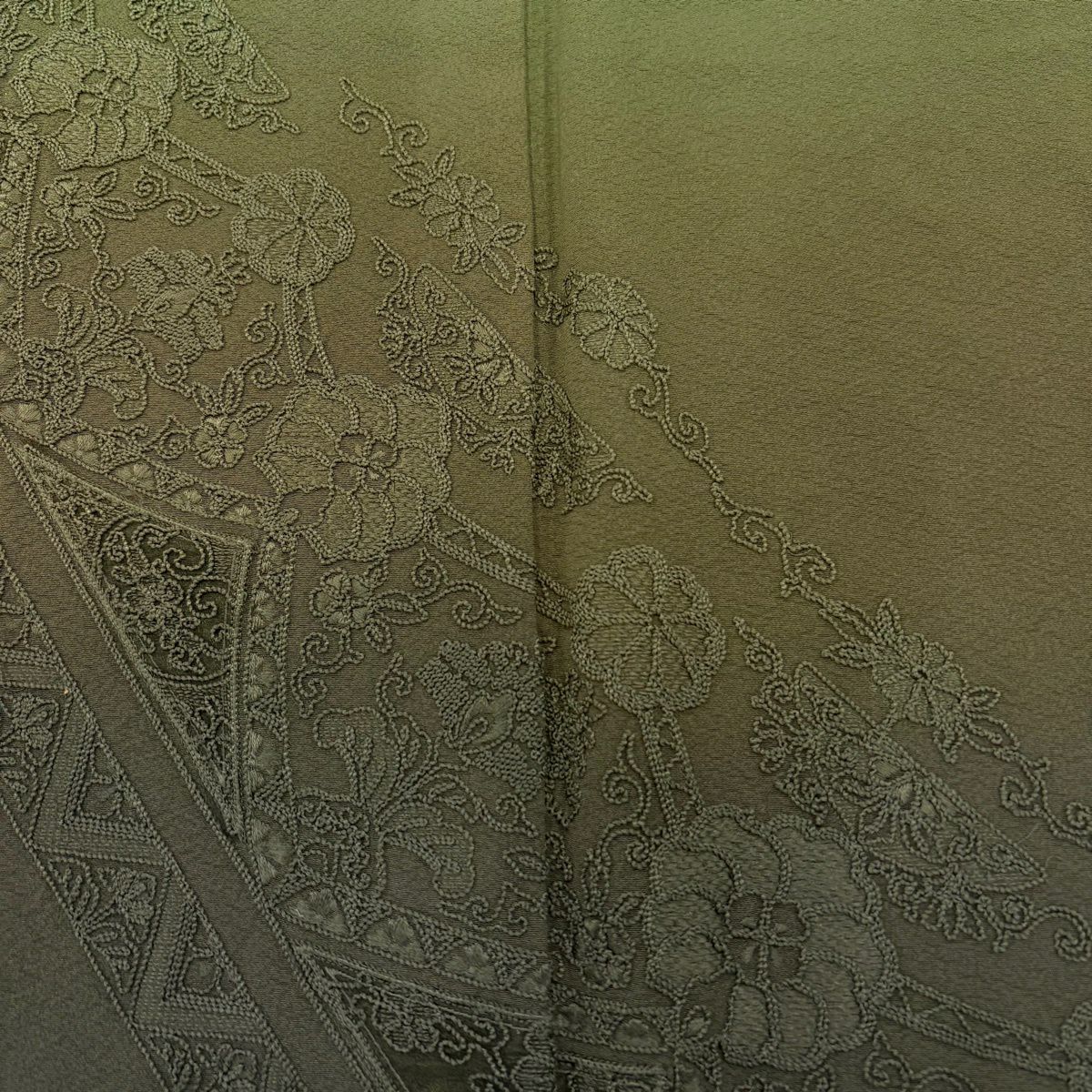 付下 身長155cm 袖長63.5cm S 雙層 草花紋紋 幾何圖案 刺繡 漸層 淺綠 純蠶絲 優品級 一個紋