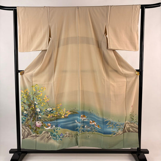 【美品】 色留袖禮服 身長155.5cm 袖長64.5cm M 雙層 岡村蒼風 落款あり 鴛鴦 枝花 金銀彩 漸層 米色 純蠶絲 秀品級 一つ紋