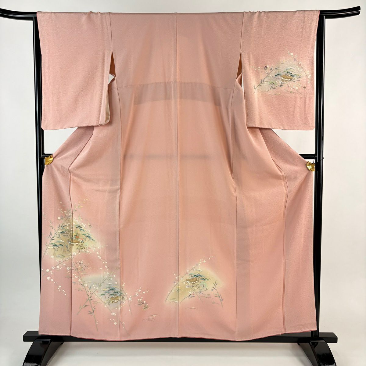 【美品】訪問服 身長160cm 袖長64.5cm M 雙層 松樹竹子梅花 建物 金糸 漸層 粉紅 純蠶絲 優品級