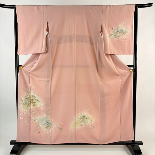 【美品】訪問服 身長160cm 袖長64.5cm M 雙層 松樹竹子梅花 建物 金糸 漸層 粉紅 純蠶絲 優品級