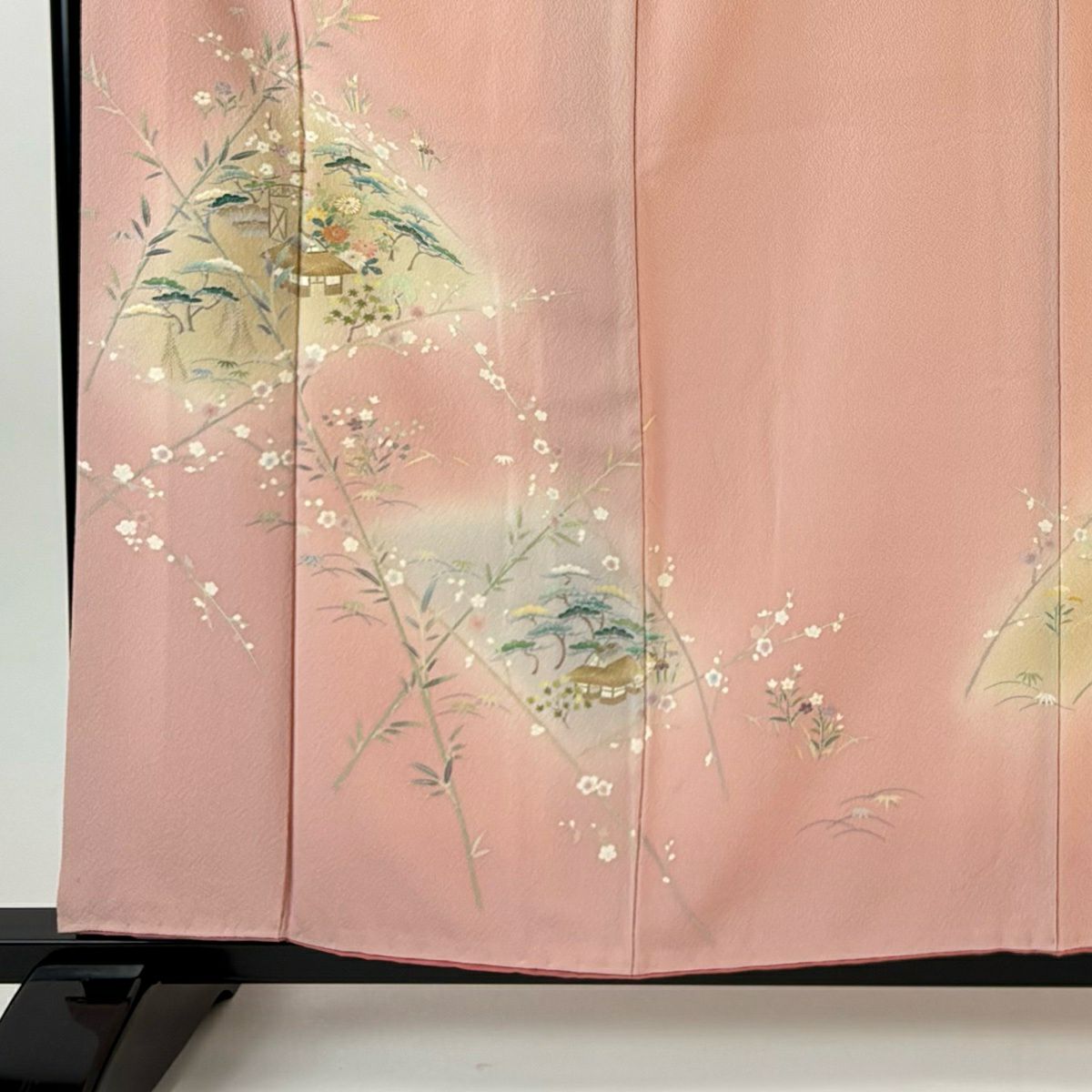 【美品】訪問服 身長160cm 袖長64.5cm M 雙層 松樹竹子梅花 建物 金糸 漸層 粉紅 純蠶絲 優品級