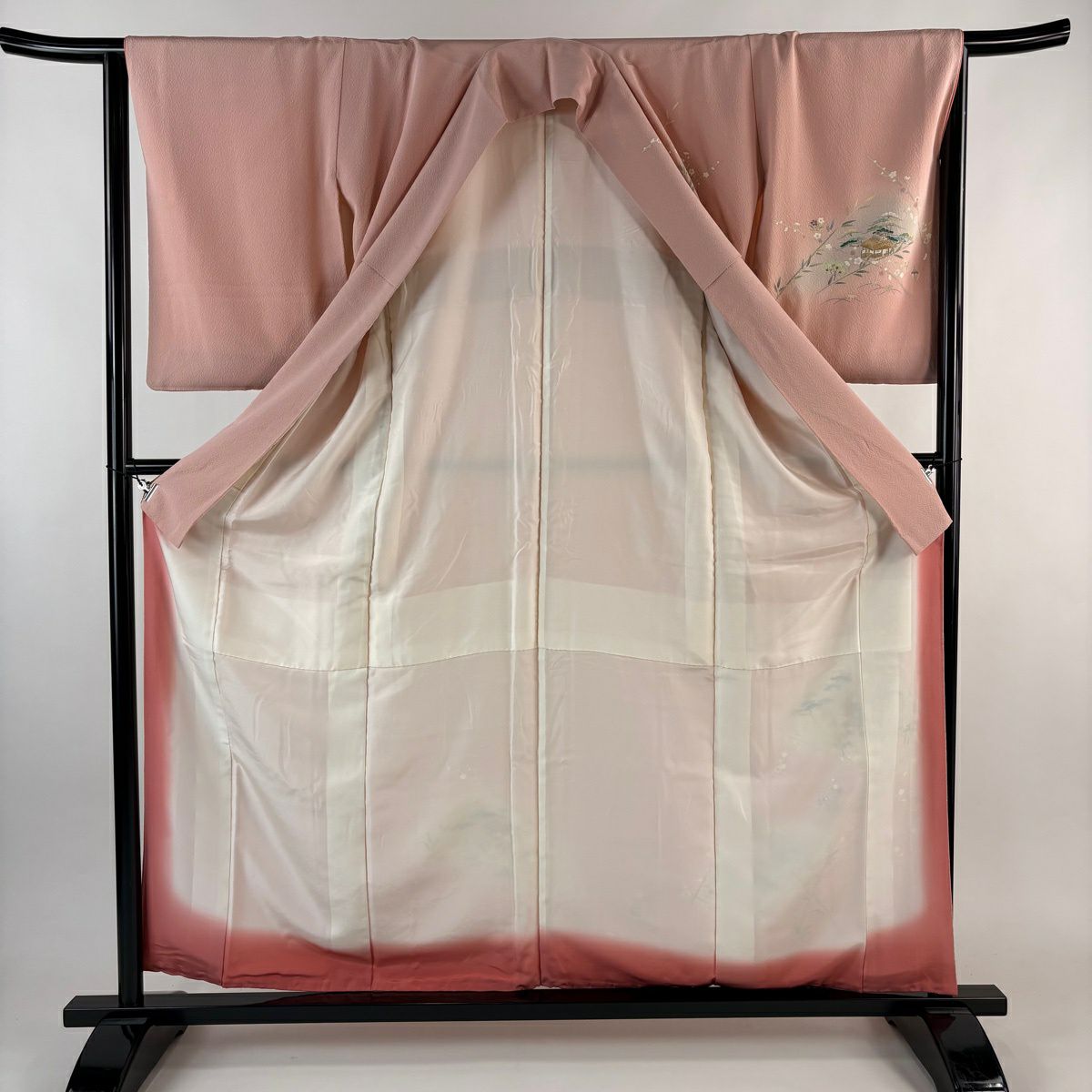 【美品】訪問服 身長160cm 袖長64.5cm M 雙層 松樹竹子梅花 建物 金糸 漸層 粉紅 純蠶絲 優品級