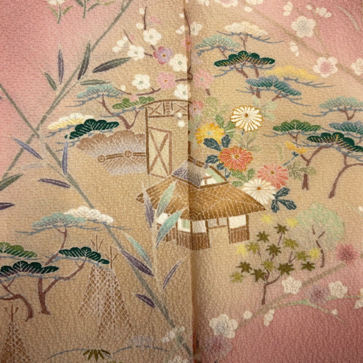 【美品】訪問服 身長160cm 袖長64.5cm M 雙層 松樹竹子梅花 建物 金糸 漸層 粉紅 純蠶絲 優品級