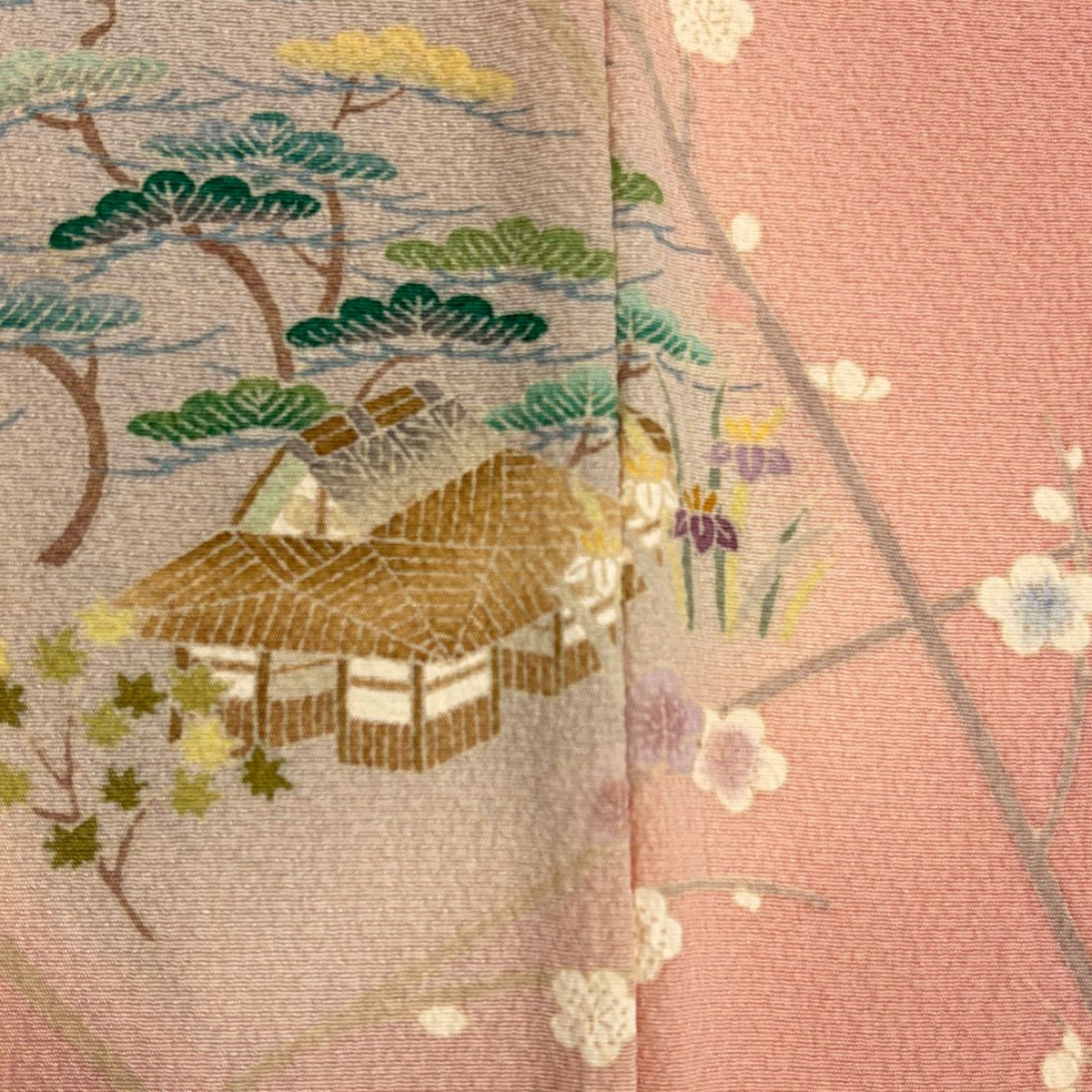 【美品】訪問服 身長160cm 袖長64.5cm M 雙層 松樹竹子梅花 建物 金糸 漸層 粉紅 純蠶絲 優品級