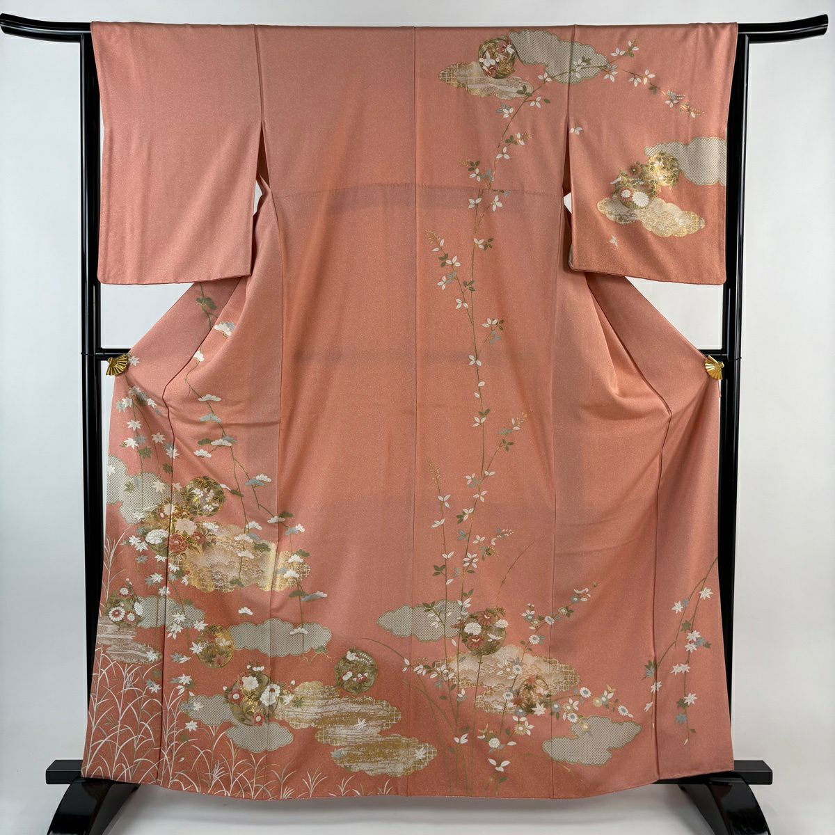 【美品】訪問服 身長164.5cm 袖長64.5cm M 雙層 雲文 花丸文 金銀彩 漸層 鮭粉色 純蠶絲 秀品級