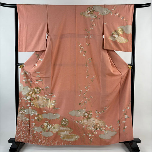 【美品】訪問服 身長164.5cm 袖長64.5cm M 雙層 雲文 花丸文 金銀彩 漸層 鮭粉色 純蠶絲 秀品級