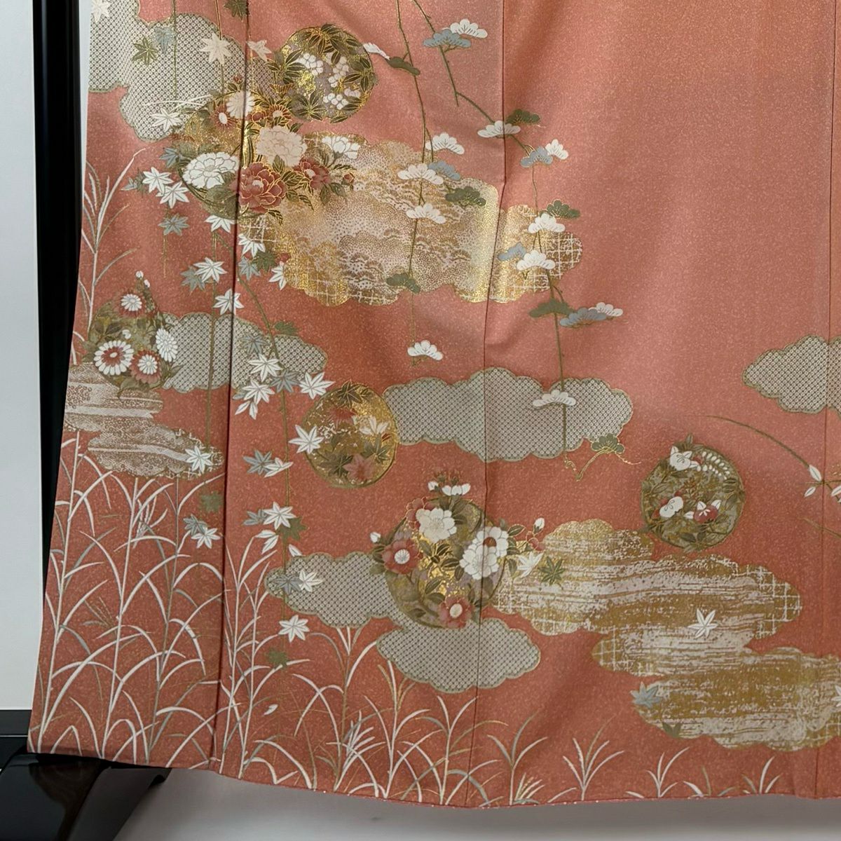 【美品】訪問服 身長164.5cm 袖長64.5cm M 雙層 雲文 花丸文 金銀彩 漸層 鮭粉色 純蠶絲 秀品級
