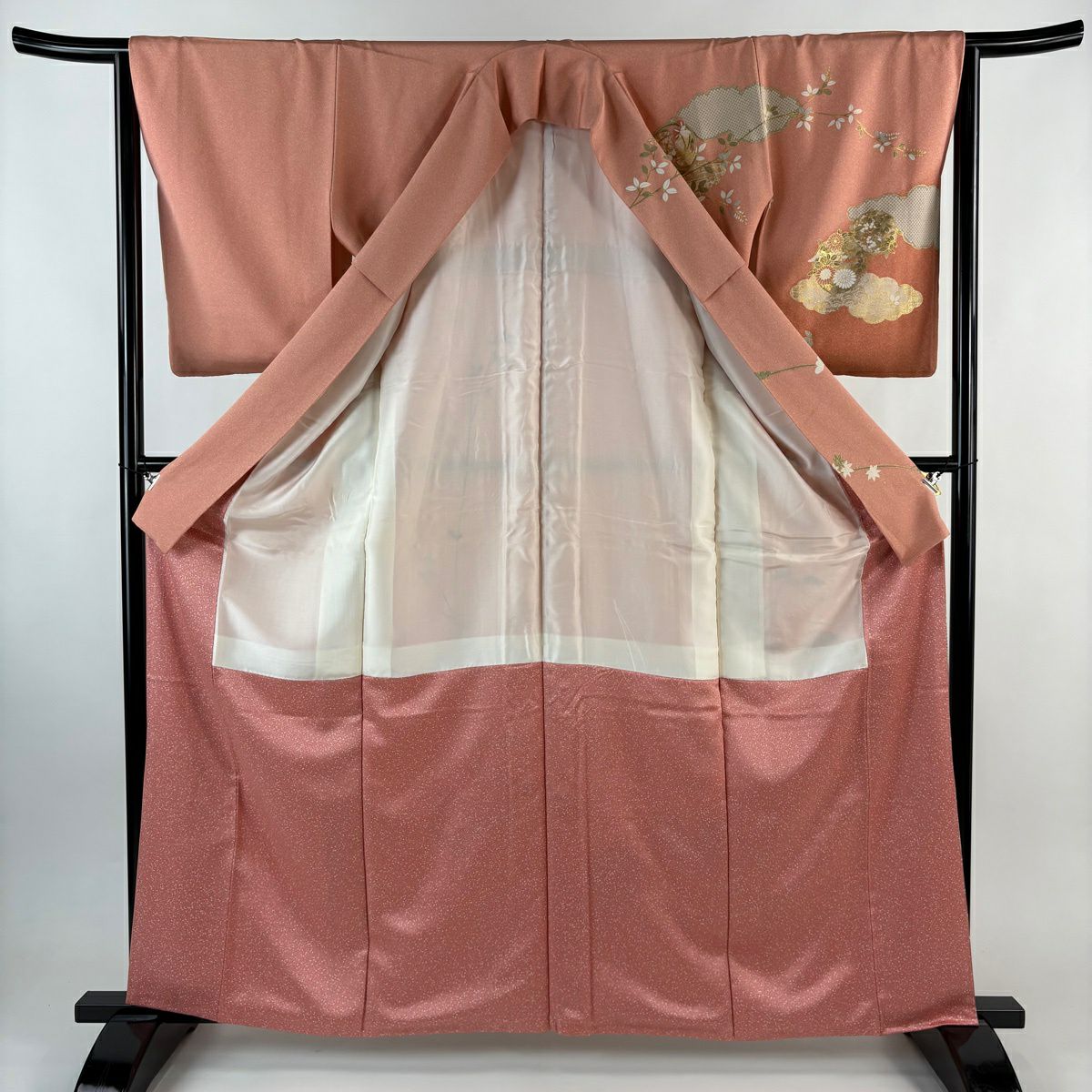 【美品】訪問服 身長164.5cm 袖長64.5cm M 雙層 雲文 花丸文 金銀彩 漸層 鮭粉色 純蠶絲 秀品級
