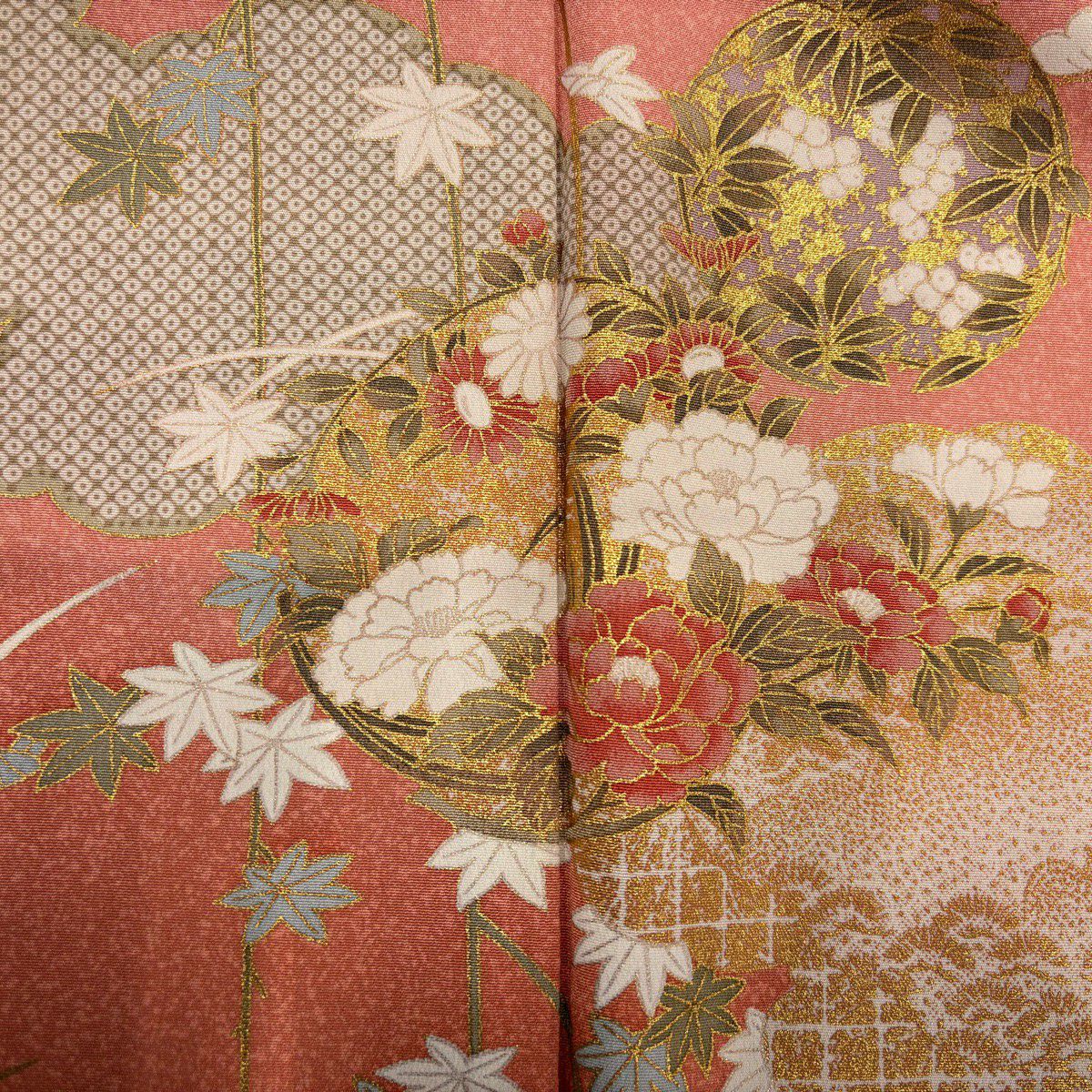 【美品】訪問服 身長164.5cm 袖長64.5cm M 雙層 雲文 花丸文 金銀彩 漸層 鮭粉色 純蠶絲 秀品級