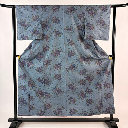 紬織 身長156cm 袖長62cm S 雙層 草花紋 綠灰 純蠶絲 秀品級